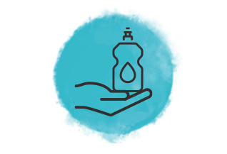 Icono de mano sosteniendo una botella de jabón